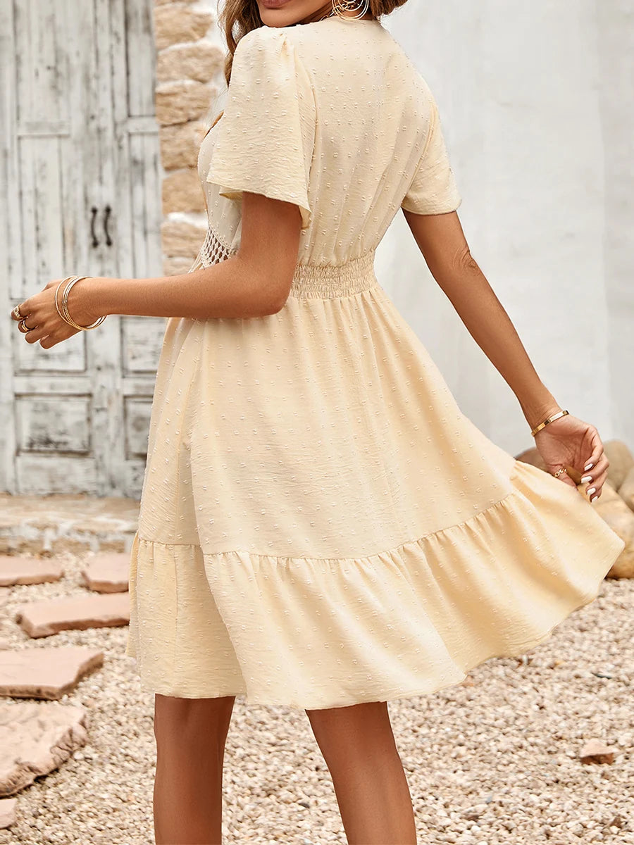 Women A-Lined Dresses Short Sleeve V Neck Cutout High Waist