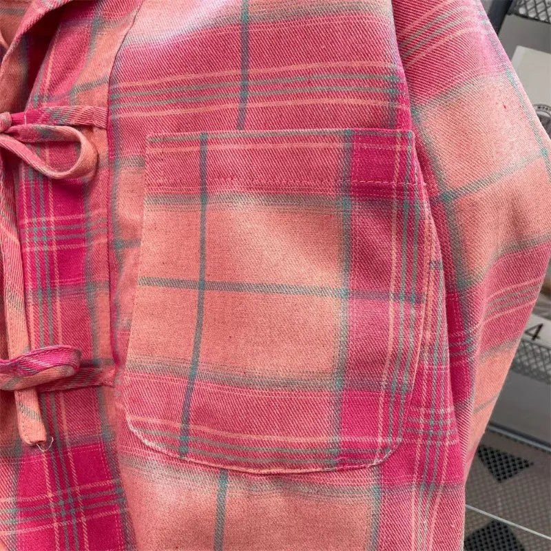 Neploe American Retro Pink  Plaid Shirt for Women Spring Autumn