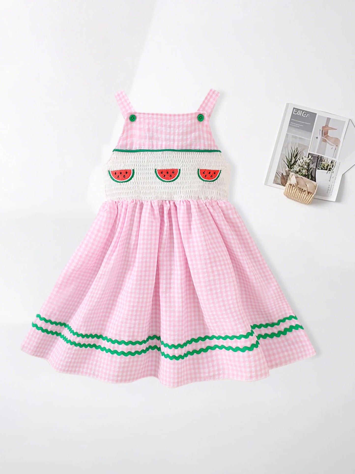 Girls Sleeveless Watermelon Embroidered Plaid Dress with Ric-Rac Trim -