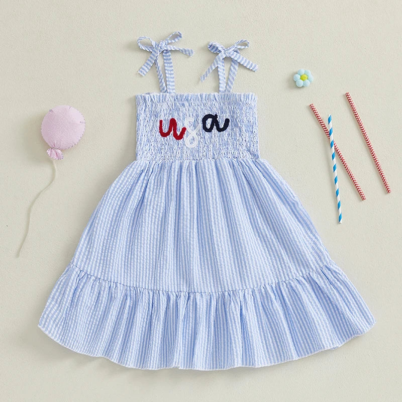 Cute Baby Girl Sleeveless Dress with Adjustable Spaghetti Straps Embroidered Letters