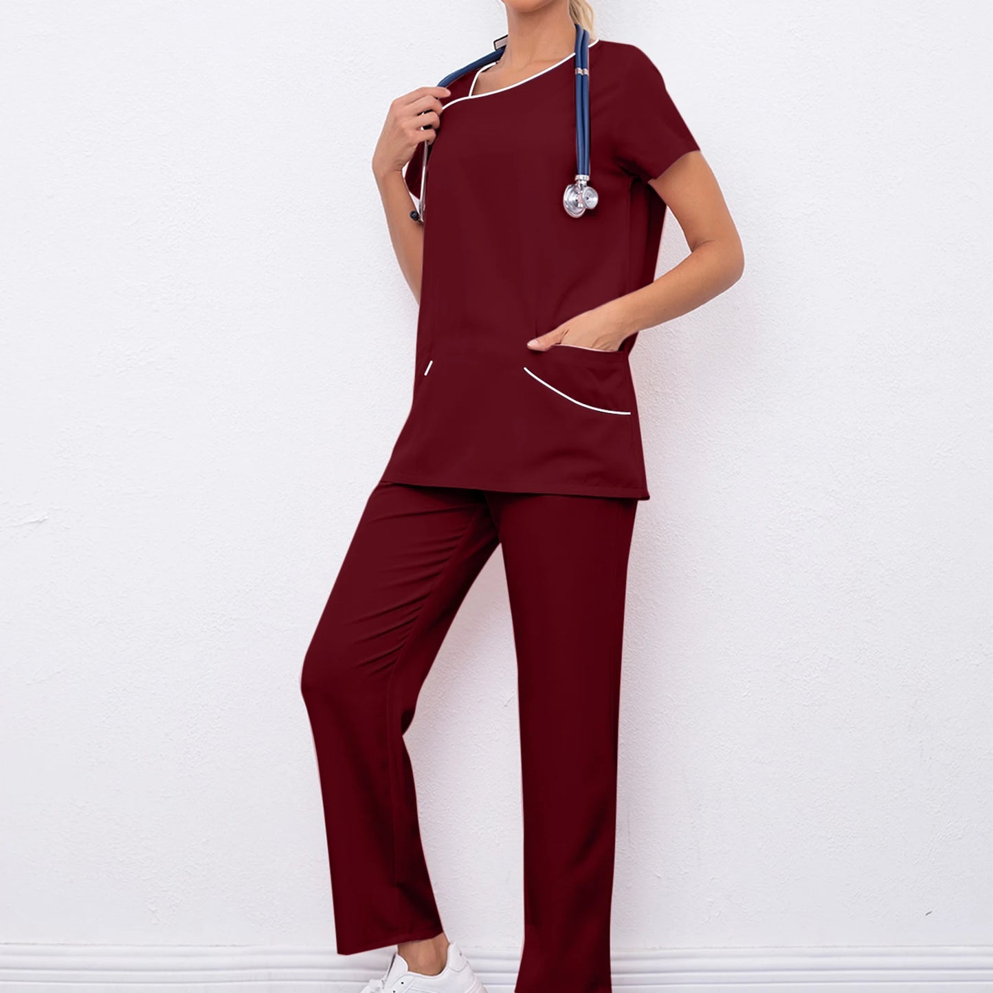 Women's Nurse Scrub Set Asymmetric Neck Short Sleeve Multi-Color Contrast Pocket Long Pants Medical Cozy Professional Workwear