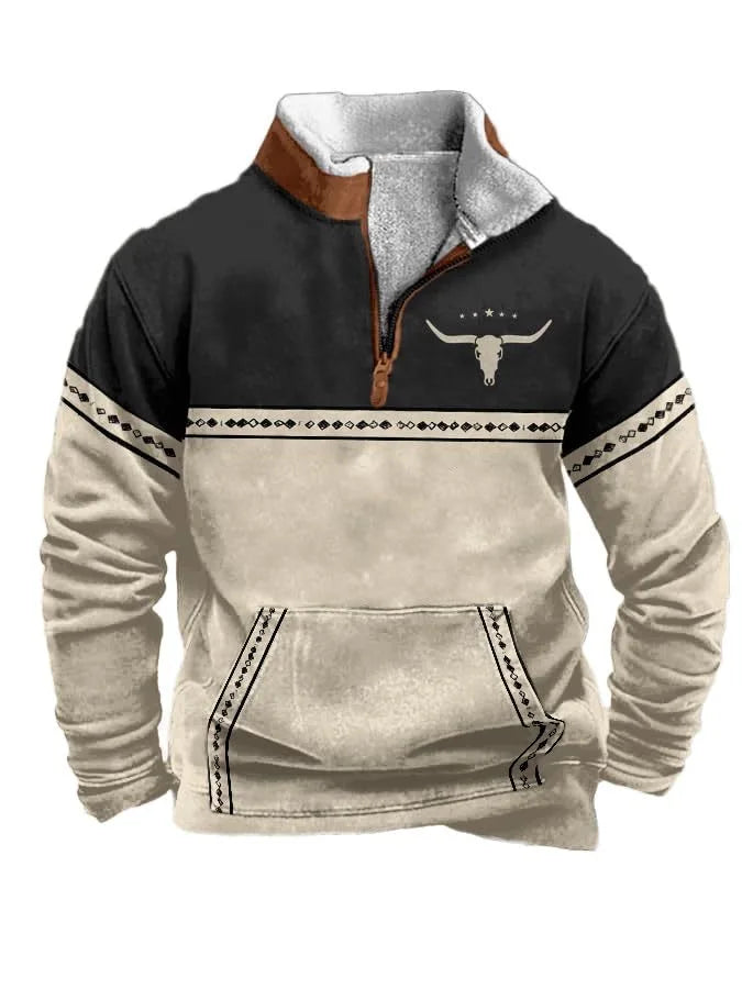 Men'S Vintage Western Hoodie with Aztec Cowboy Design - Beige & Gray Zip-Up Pullover