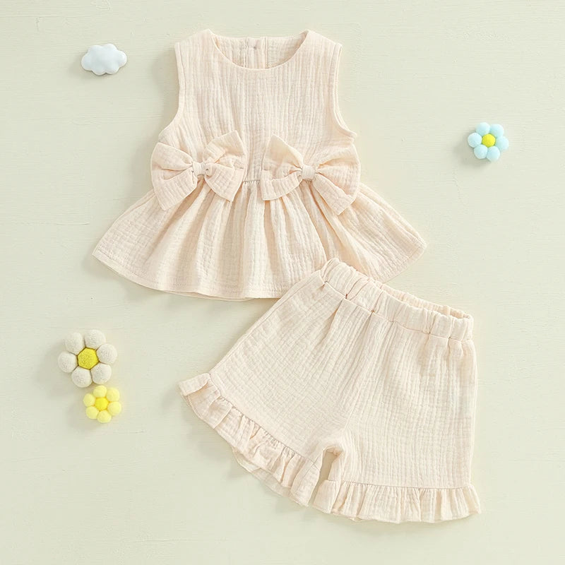 2024-12-24 Lioraitiin Toddler Baby Girl Summer Clothes Solid Color Bow Round Neck