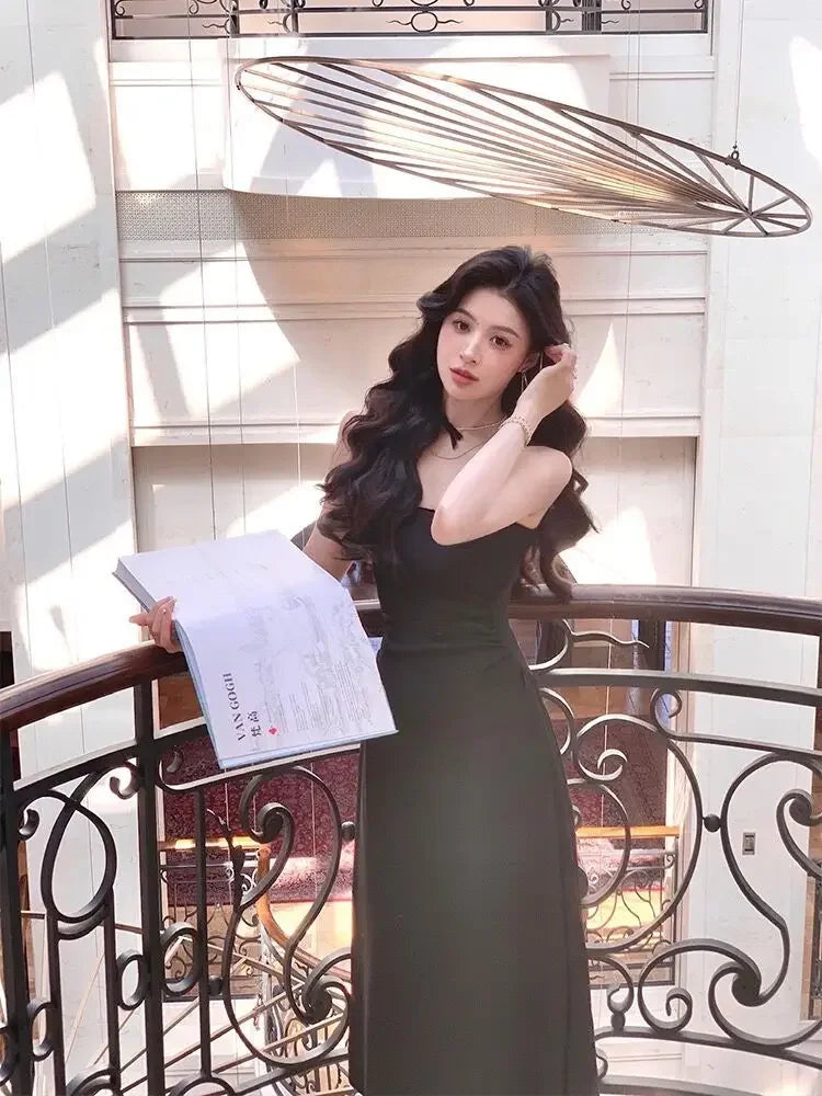 Elegant French Style High-End FeelSimple Square Collar White Tank Dress Medium-Length