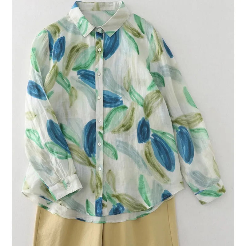 Women Cotton Linen Floral French Artistic Print Shirt Top For Autumn