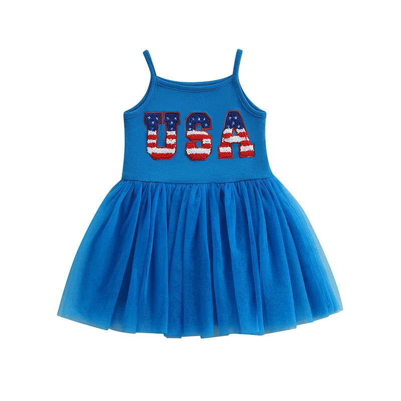 Independence Day Toddler Girl Dress with Embroidered Letters Sleeveless Tulle Patchwork