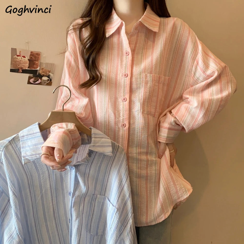 Vintage Striped Shirts Women All-match Korean Style Single Pocket