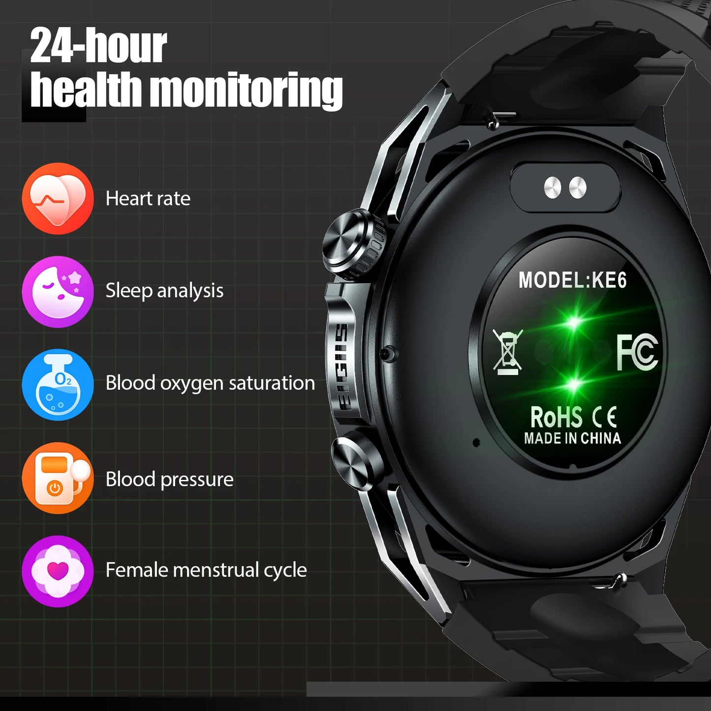 EIGIIS New Smart Watch KE6 1.43" AMOLED Display Men Black Sports Watch KE Series Bluetooth