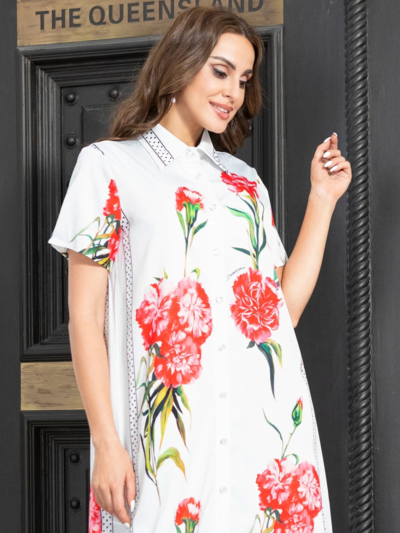 Elegant style Lapel Dots Flowers Color contrast Buttons Regular sleeve