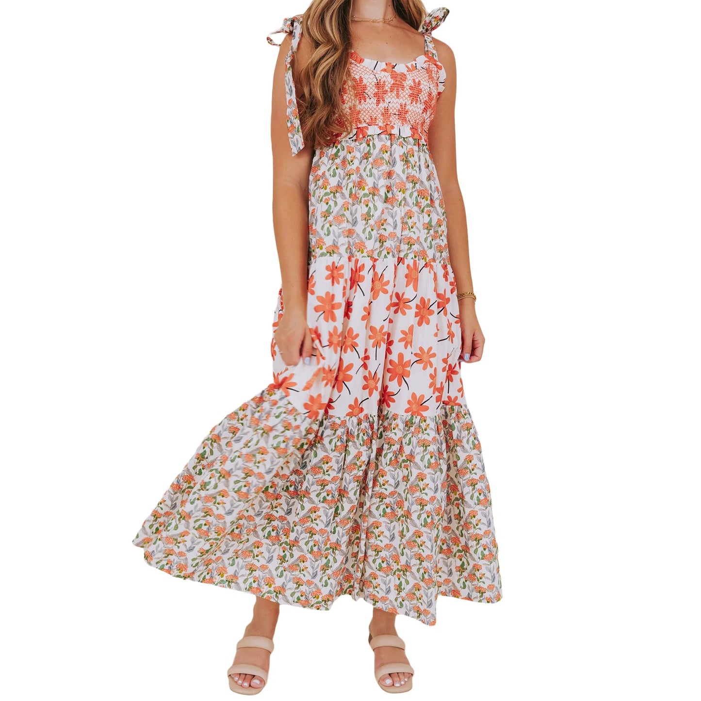 Women s Boho Maxi Dress with Ruffle Hem and Adjustable Spaghetti Straps