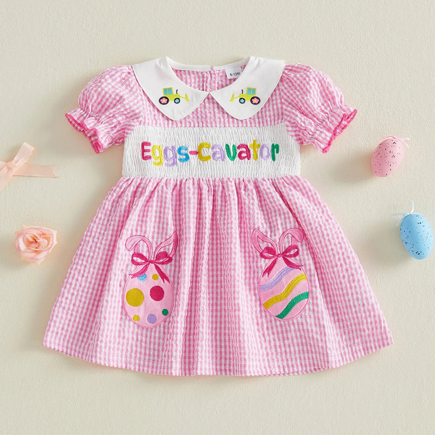 Little Girls Easter Dress Summer Short Sleeve Doll Collar Egg Letter Embroidery Plaid Dress