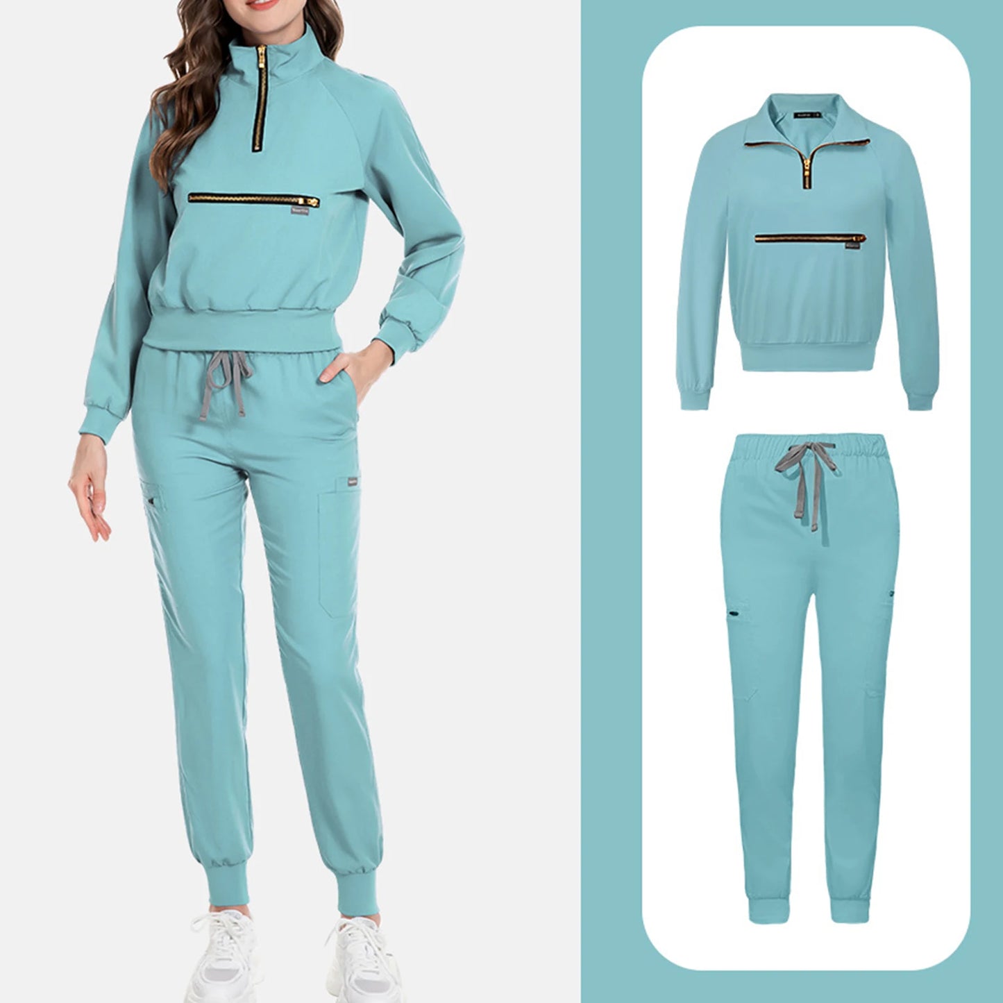 Scrub Set Stand Collar Zipper Long Sleeve Multi Pocket Professional