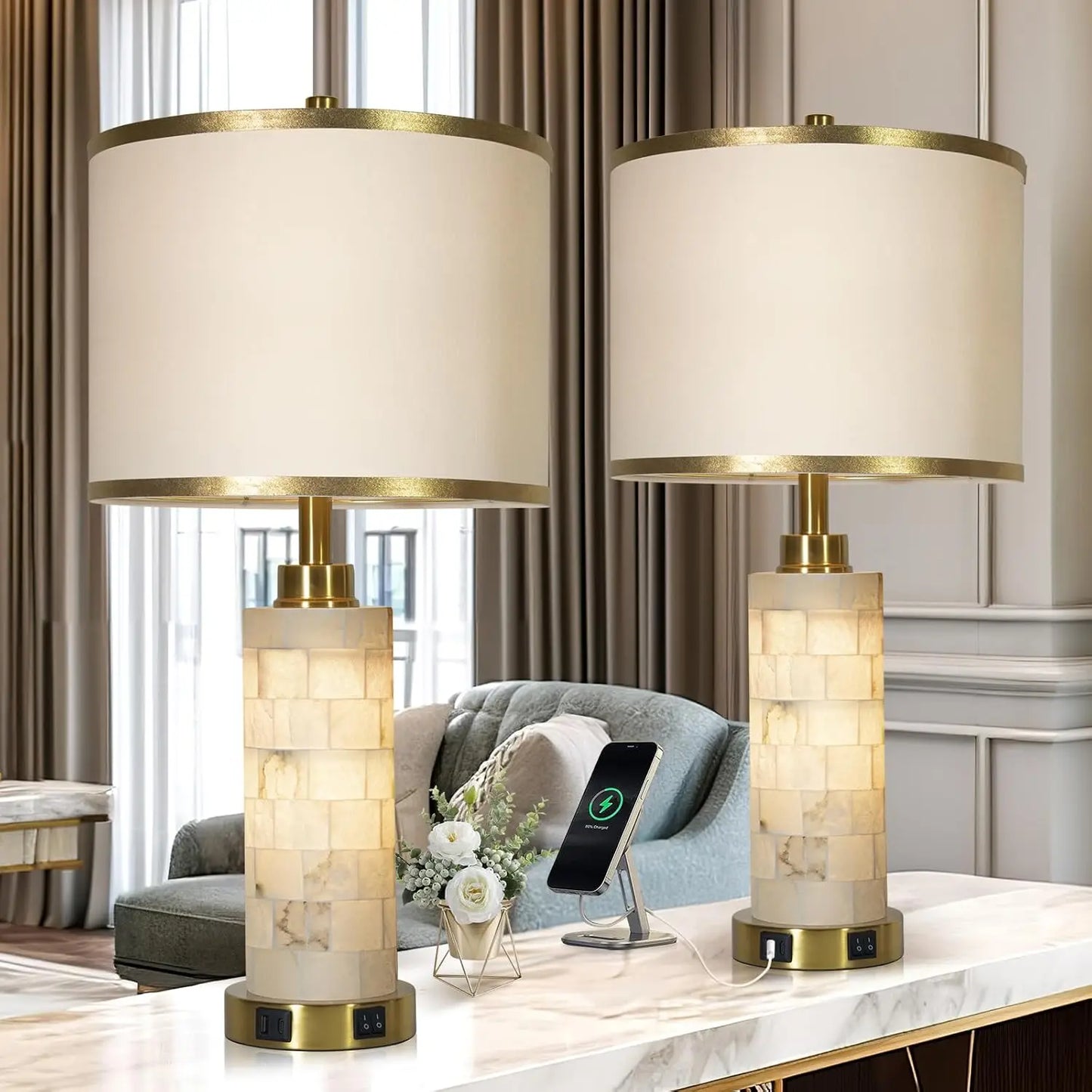 Alabaster Table Lamps Set of 2 with USB Ports and Night Light