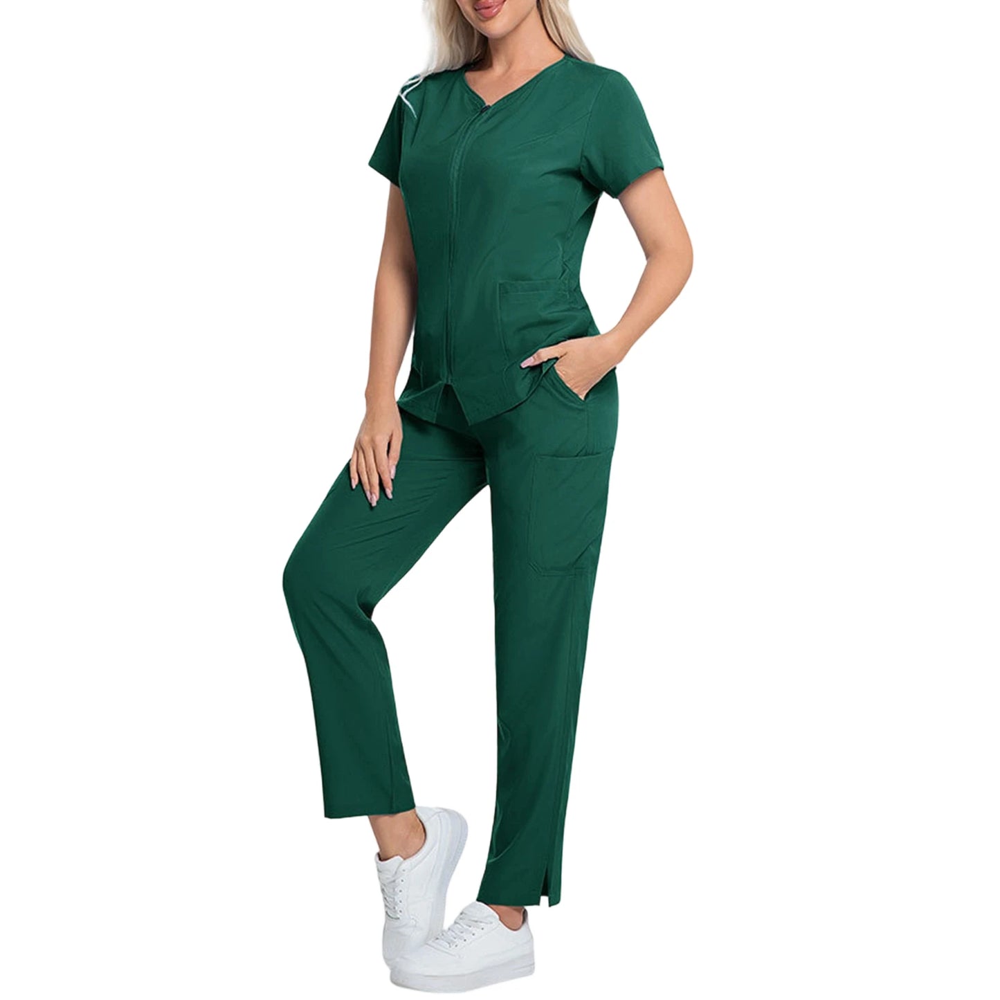 Scrub Set V-Neck Short Sleeve Zipper Multi-Pocket Solid Color Medical Uniform