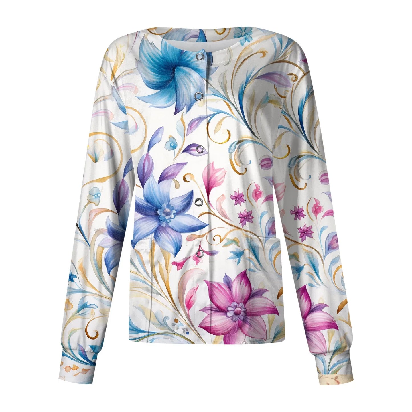 Casual Long Sleeve Nursing Work Clothes Single Breasted Floral Print Cardigan Top Jacket