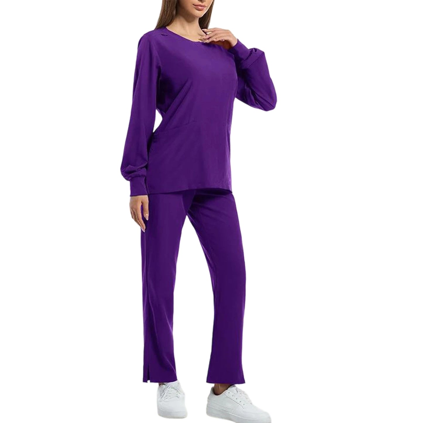 Women's Nurse Scrub Set Round Neck Long Sleeve Multi-Color Split Hem Pants Multi-Pocket