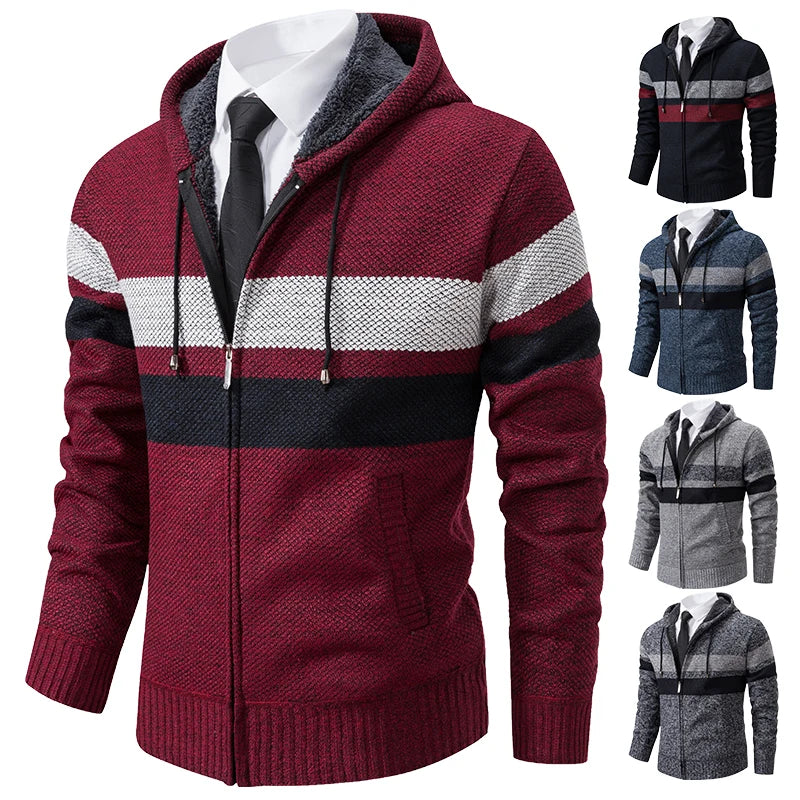 Men's Striped Hooded Cardigan Coat Velvet Padded Knit