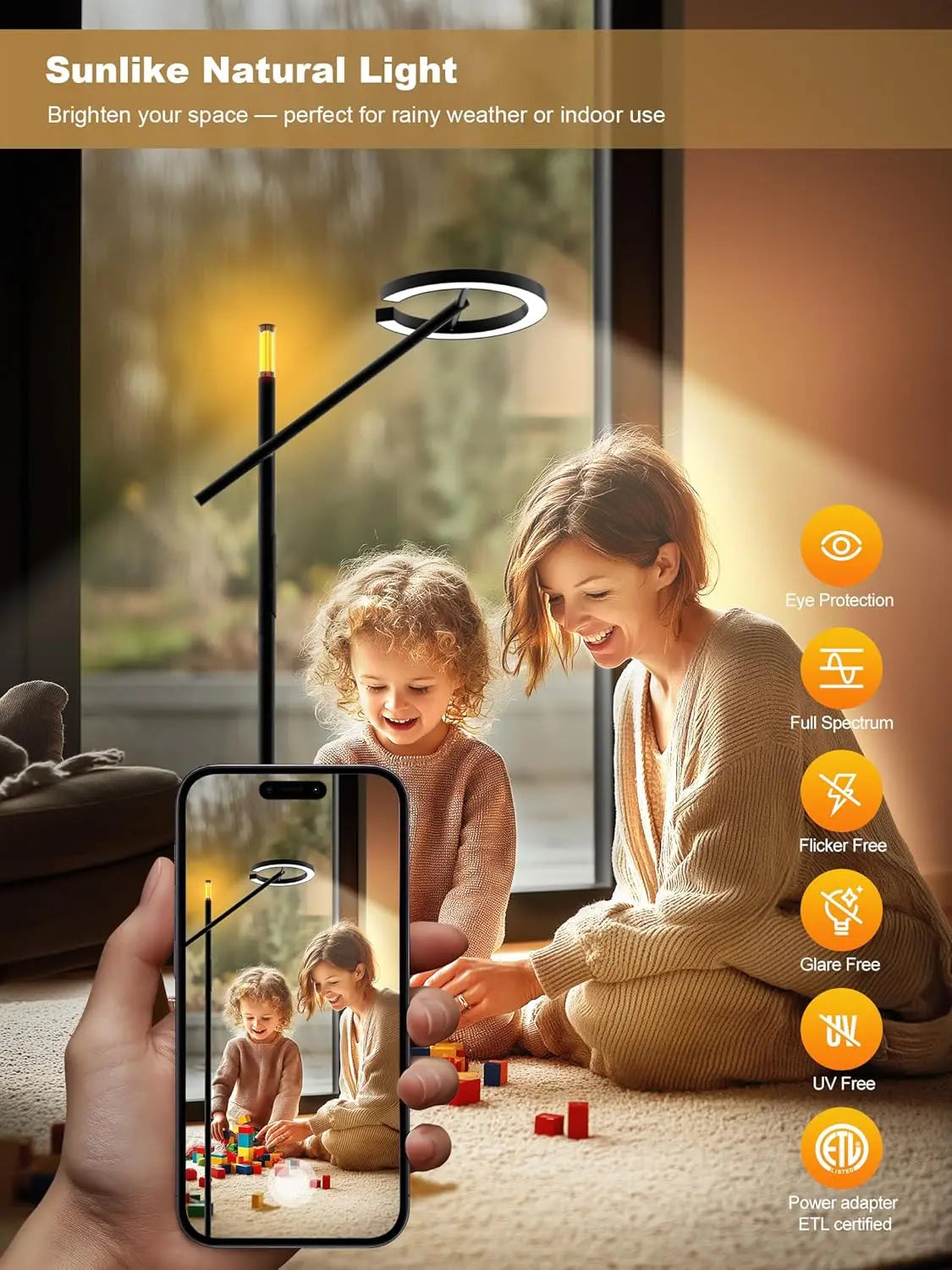 Smart Light Therapy Lamp 10000 Lux UV-Free Dimmable Floor Lamp