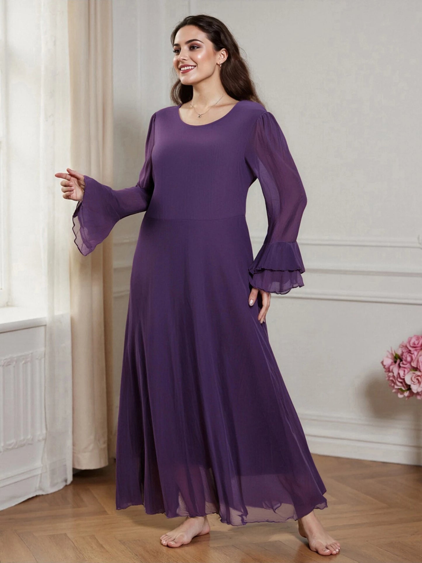 Elegant Velvet O-Neck Long Sleeve Flowing Dress For Women