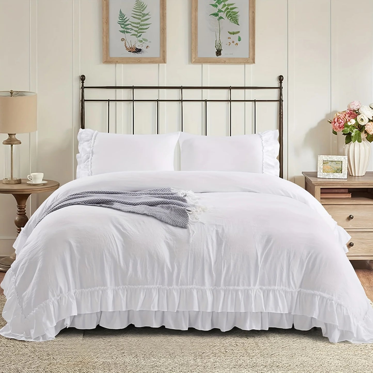 3 Piece Ruffled Duvet Cover Set Queen,Farmhouse Ruffle Comforter Set,Cozy Bedding Set - 1 Ruffle Comforter and 2 Pillowcases