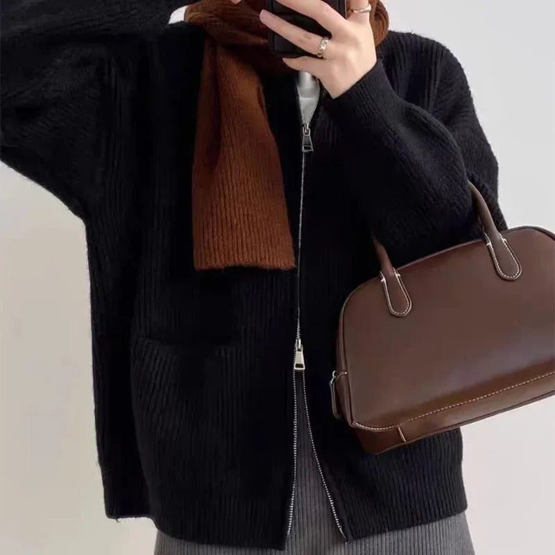 Cozy Knit Cardigan Jacket With Double Zipper For Autumn Winter