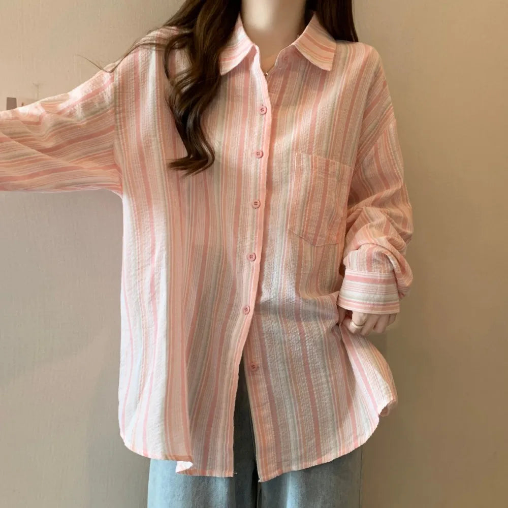 Vintage Striped Shirts Women All-match Korean Style Single Pocket