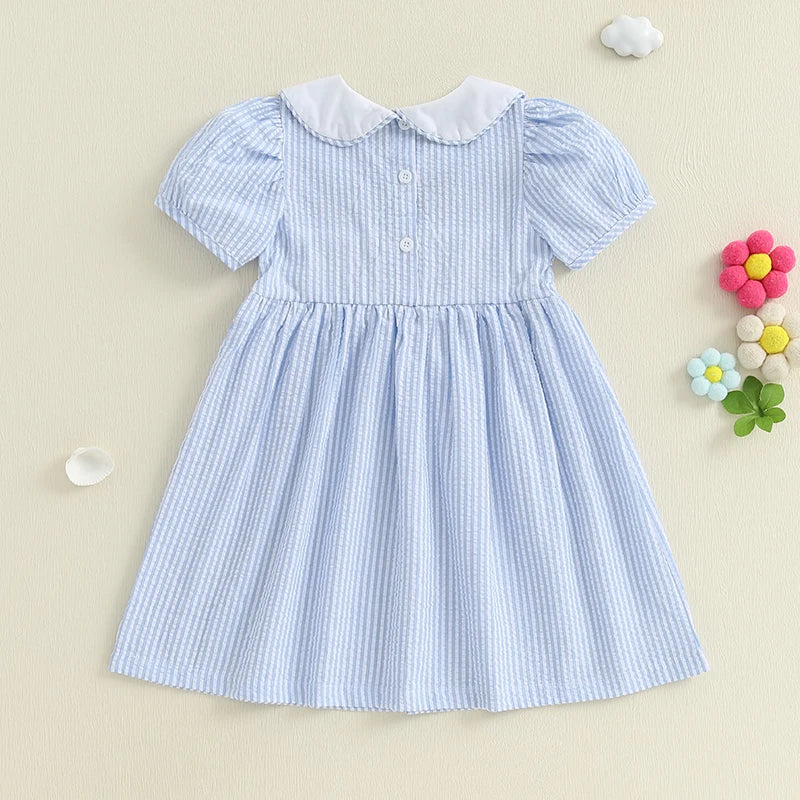 Child Girl Summer Striped A-Line Dress with Doll Collar Short Sleeves