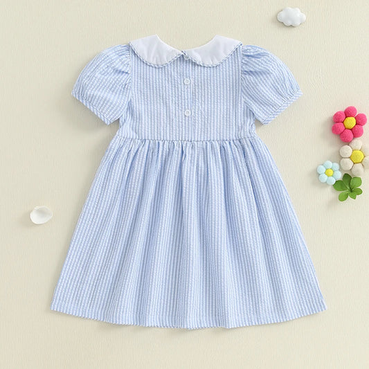 Child Girl Summer Striped A-Line Dress with Doll Collar Short Sleeves
