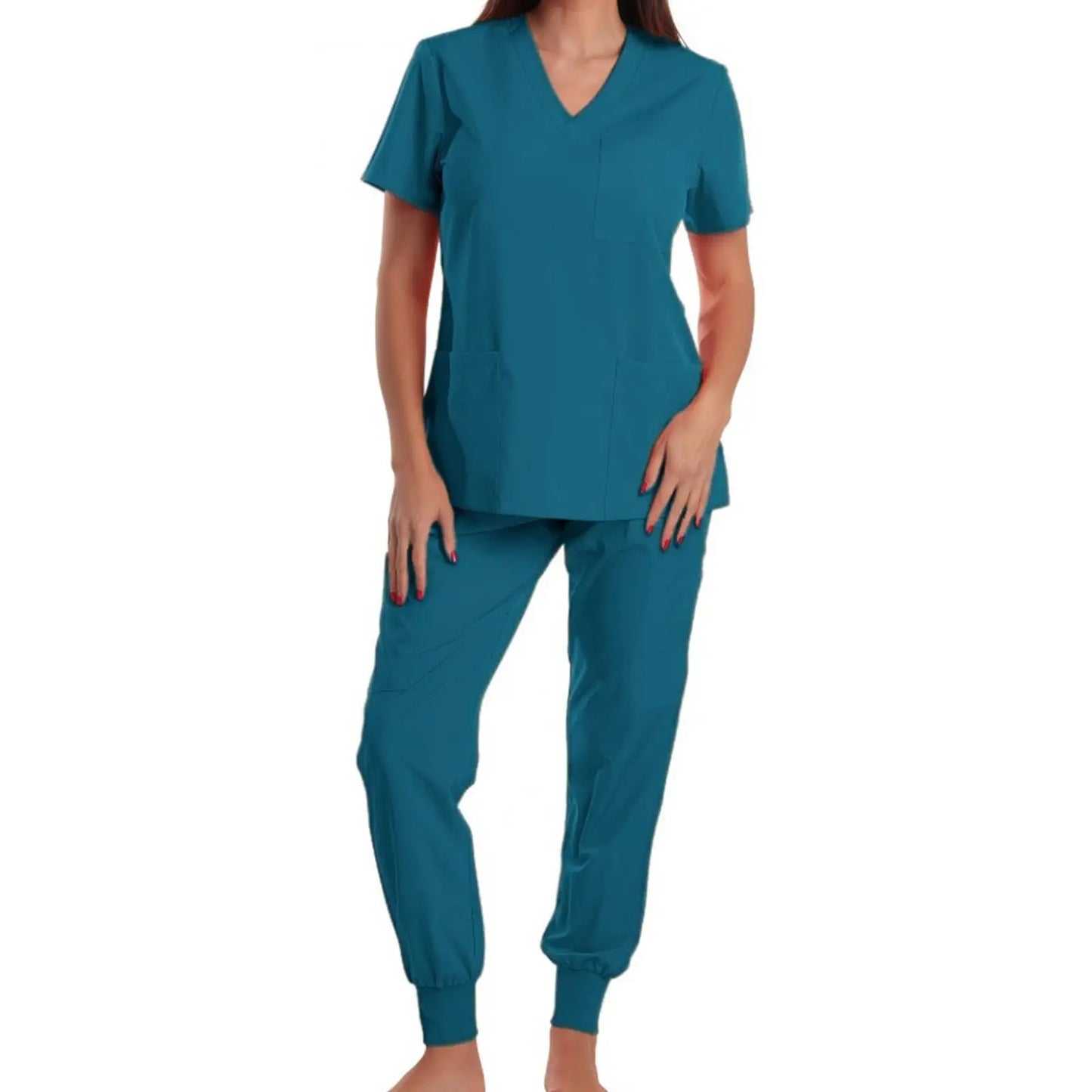 Nurse Scrub Set V Neck Short Sleeve Multicolor Jogger Pants Medical Uniform