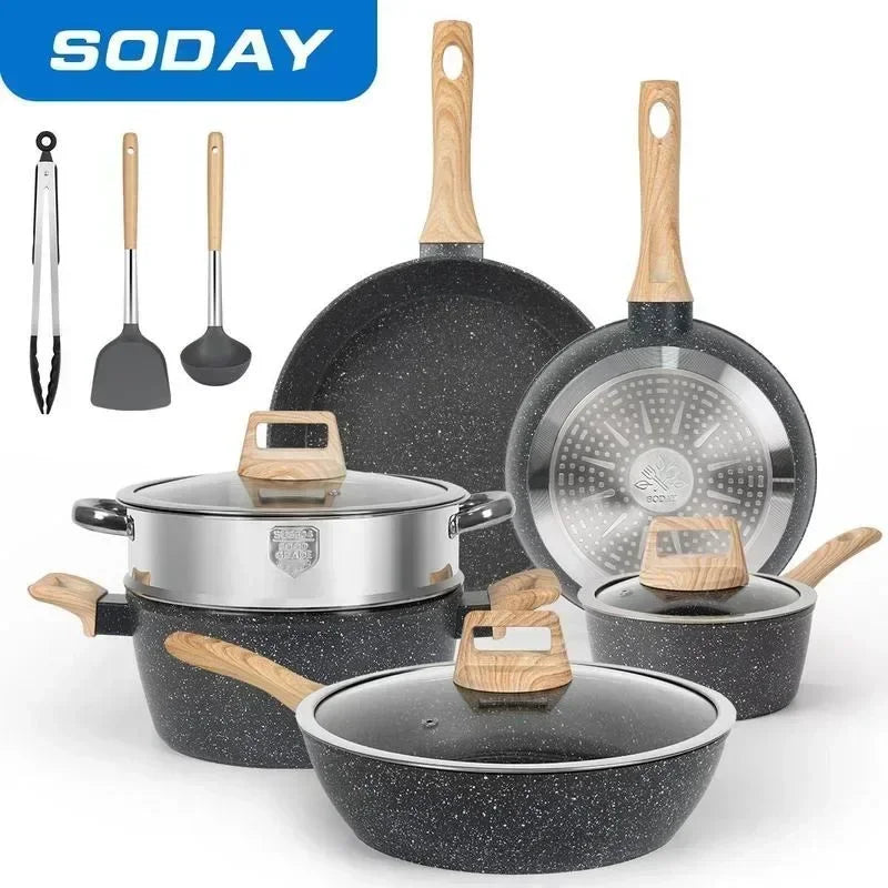 SODAY 12pcs Pots and Pans Set Non Stick Kitchen Cookware Sets Induction Cookware Nonstick Granite Cooking Set