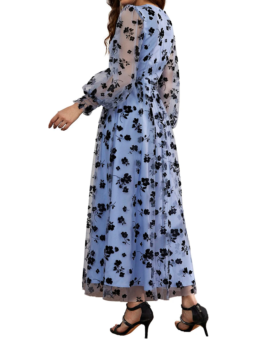 Floral Embroidered Belted Maxi Dress With Long Sleeves For Events