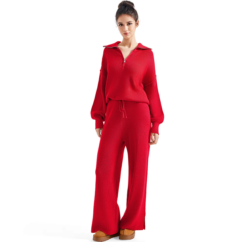 Two Piece Lounge Set Tracksuit Oversized Zip Pullover Polo Neck