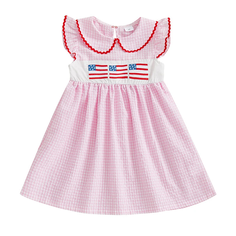 Girls Patriotic 4th of July Dress with Flutter Sleeves and Round Neckline American Flag