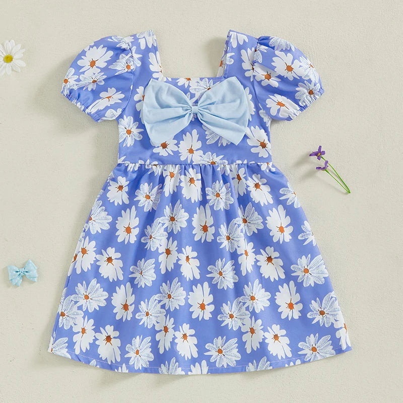 Girls Sleeveless Floral Print Square Neck Bow Summer Dress Kids Casual Clothes