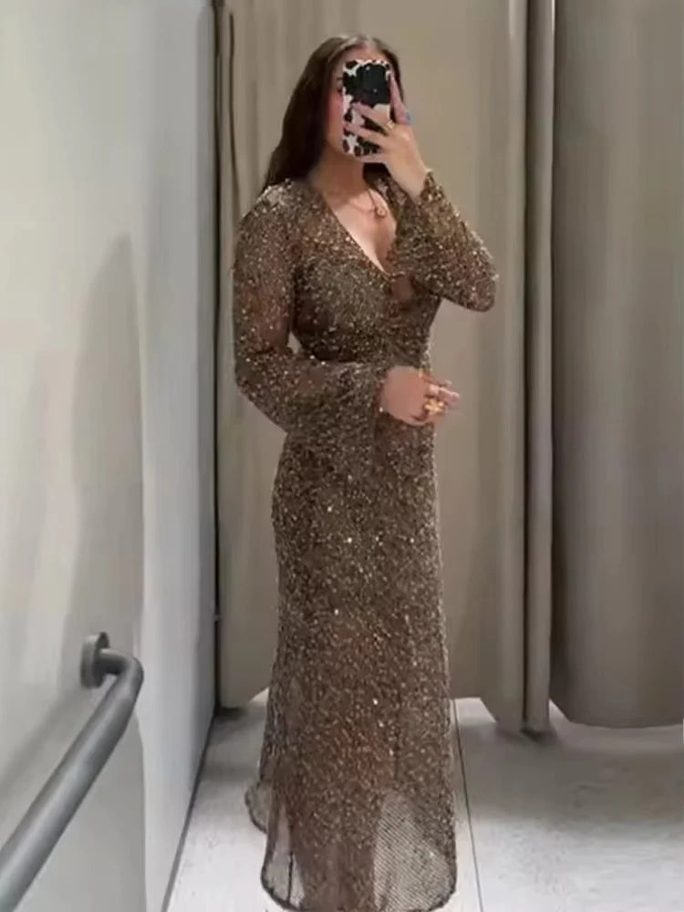 Sexy Sequined Long Pleated Dress Women Deep V-neck Full Sleeve See Through Dresses  ﻿