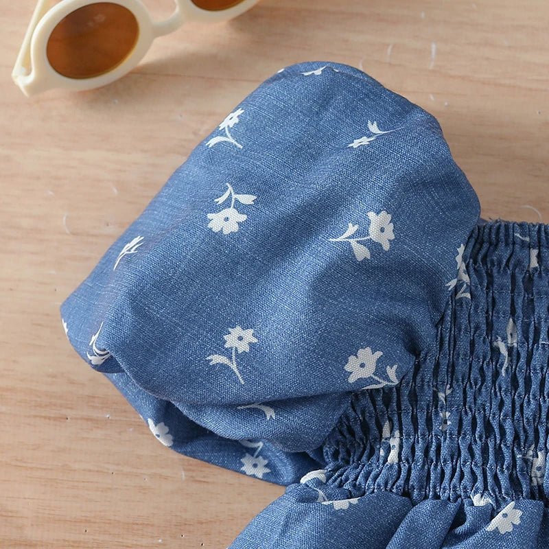 Girls Summer Floral Print Off Shoulder A-line Dress with Short Puff Sleeves -