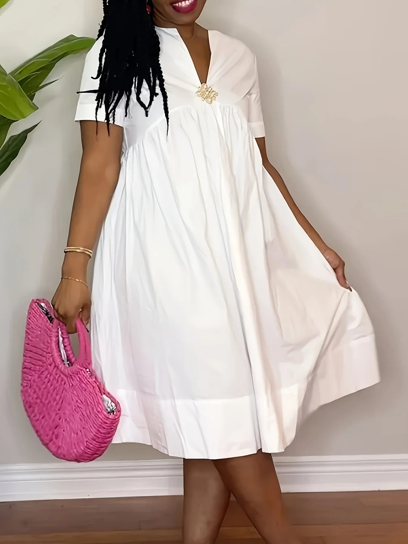 Casual Short Sleeve V Neck A Line Shirt Dress Polyester