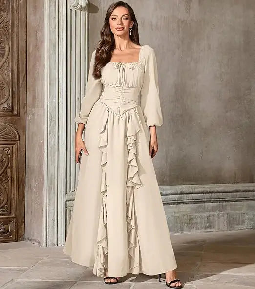Renaissance Medieval Dress Women Ren Faire Dress, Square Neck, Long Puff Sleeves,