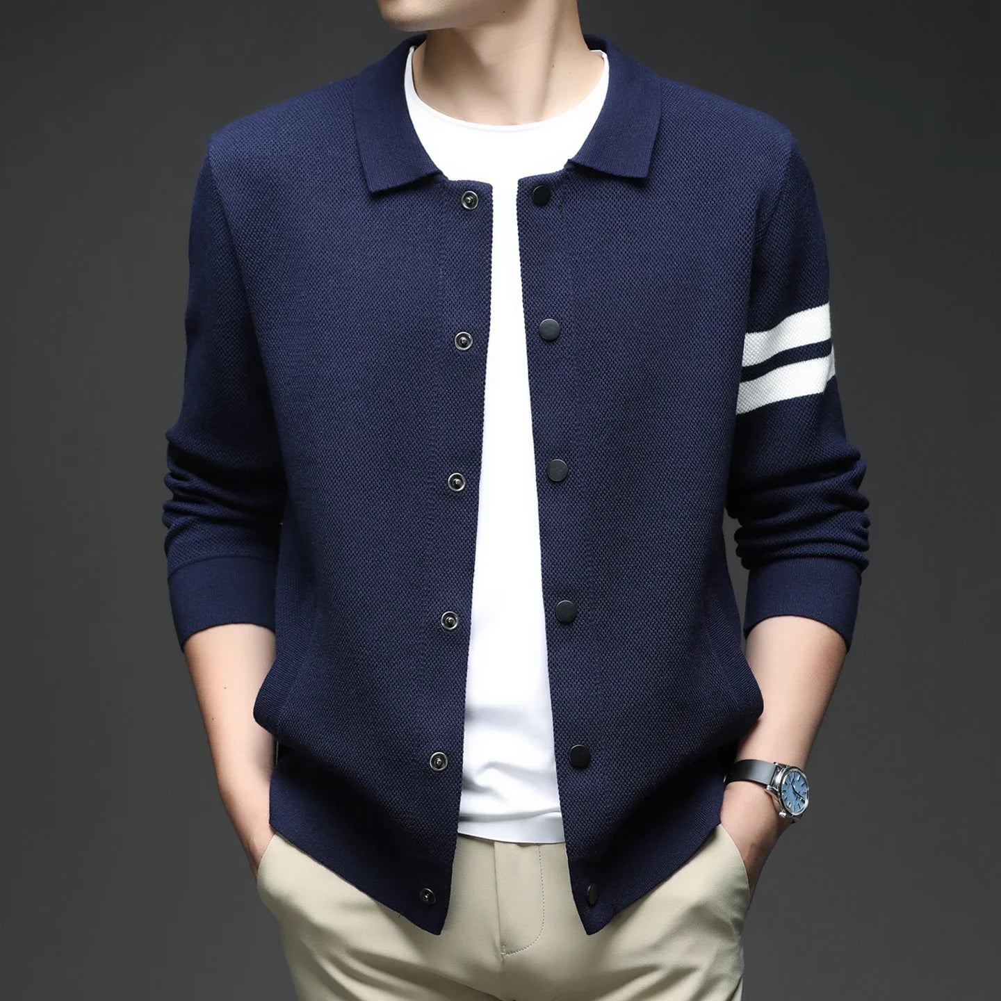 Men's Striped Knit Cardigan With Zipper And Pockets