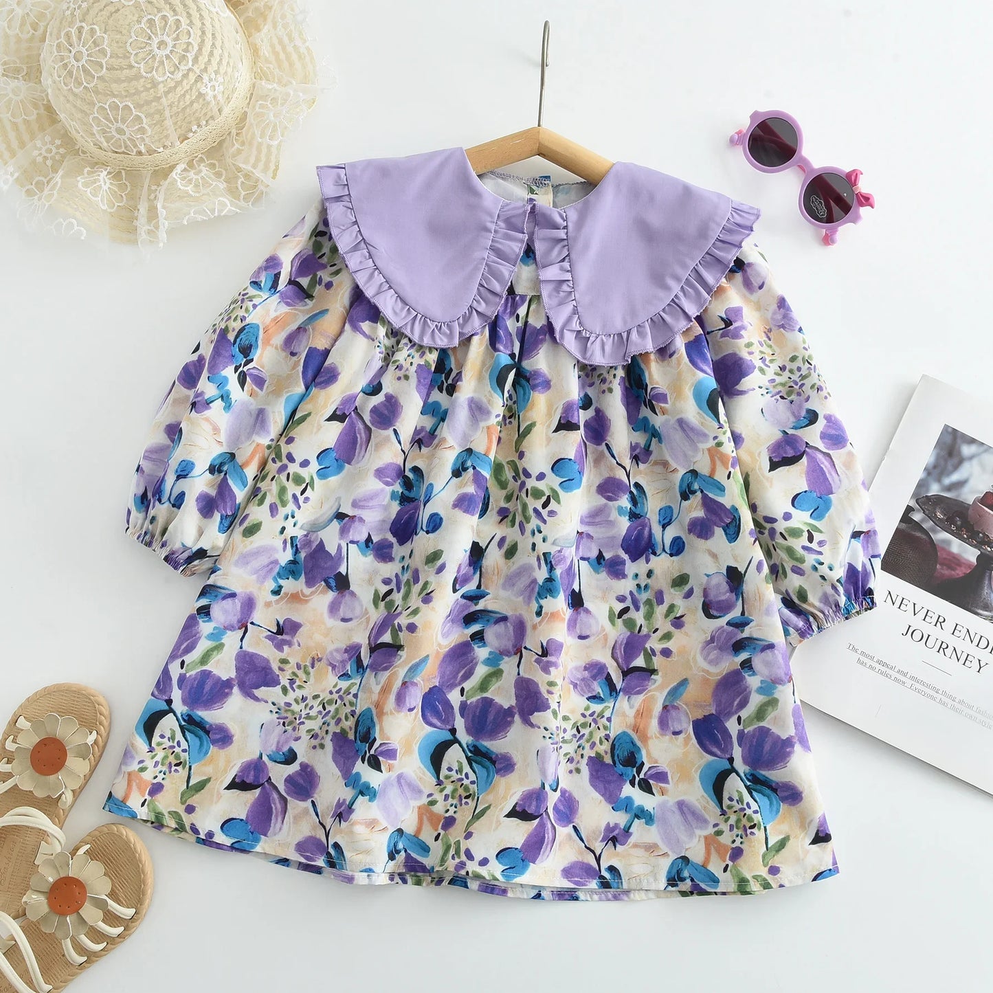 Girls Casual Dresses Purple Flower Print Lace Lapel Puff Sleeves