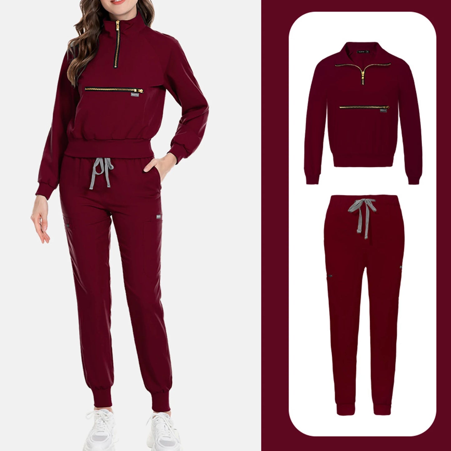 Scrub Set Stand Collar Zipper Long Sleeve Multi Pocket Professional