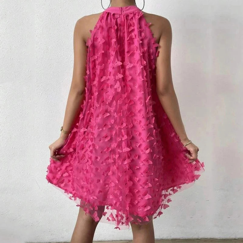 Sexy Women Mini Skirt Rose Red Sleeveless 3D Butterfly Fashion Jacquard Pleated