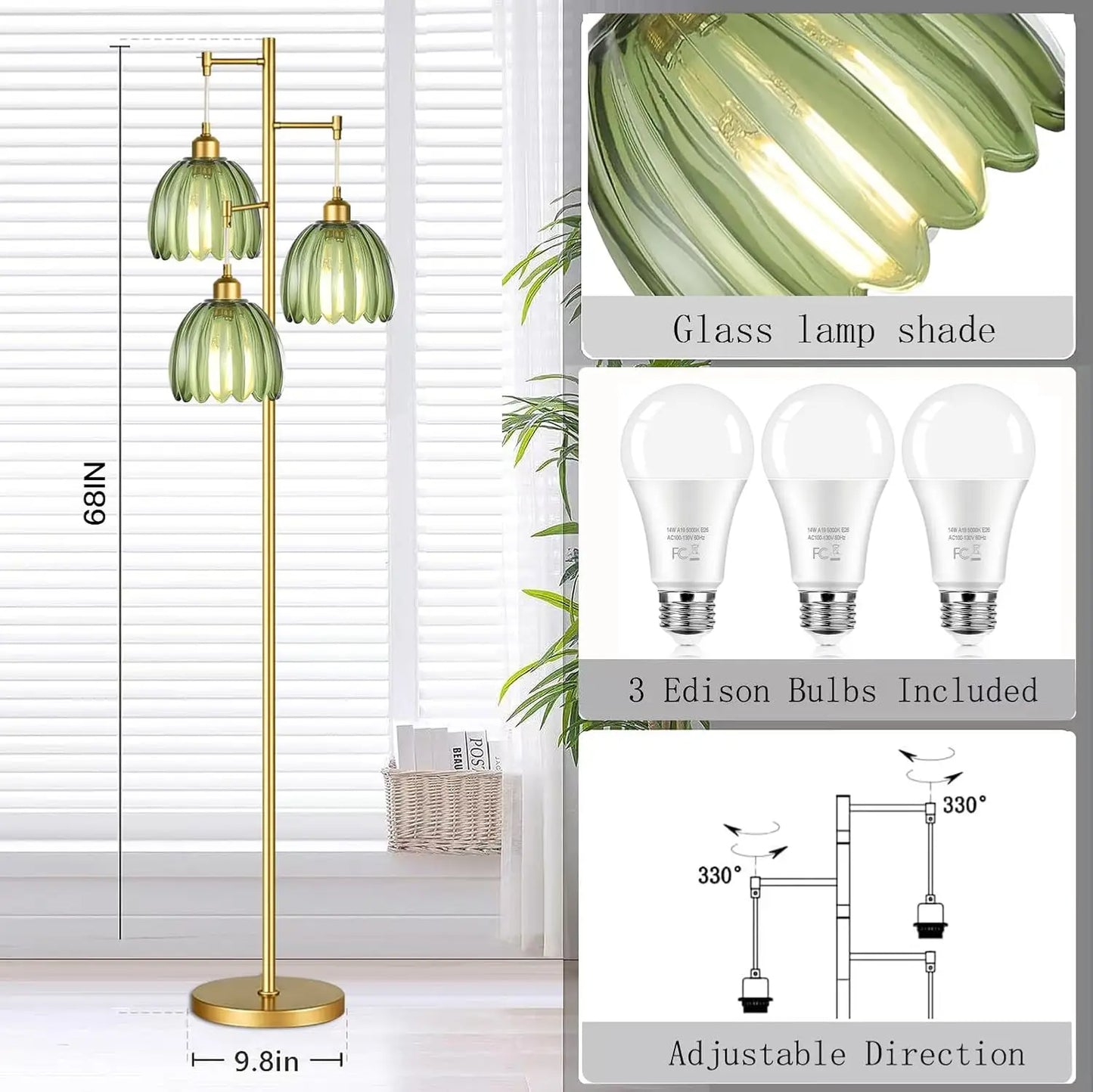 Mid Century Modern Floor Lamp With Brass Tree 3 Lights
