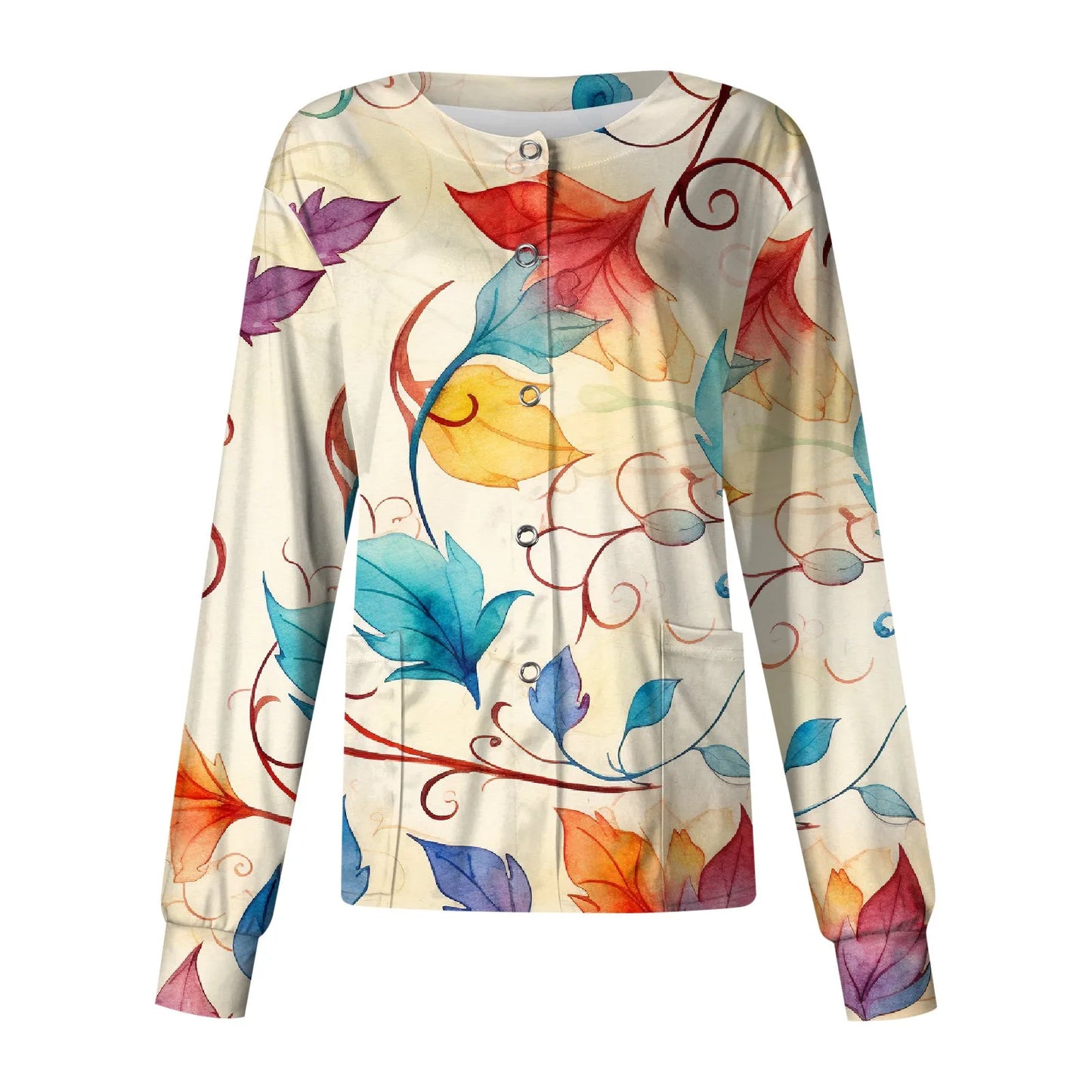Casual Long Sleeve Nursing Work Clothes Single Breasted Floral Print Cardigan Top Jacket