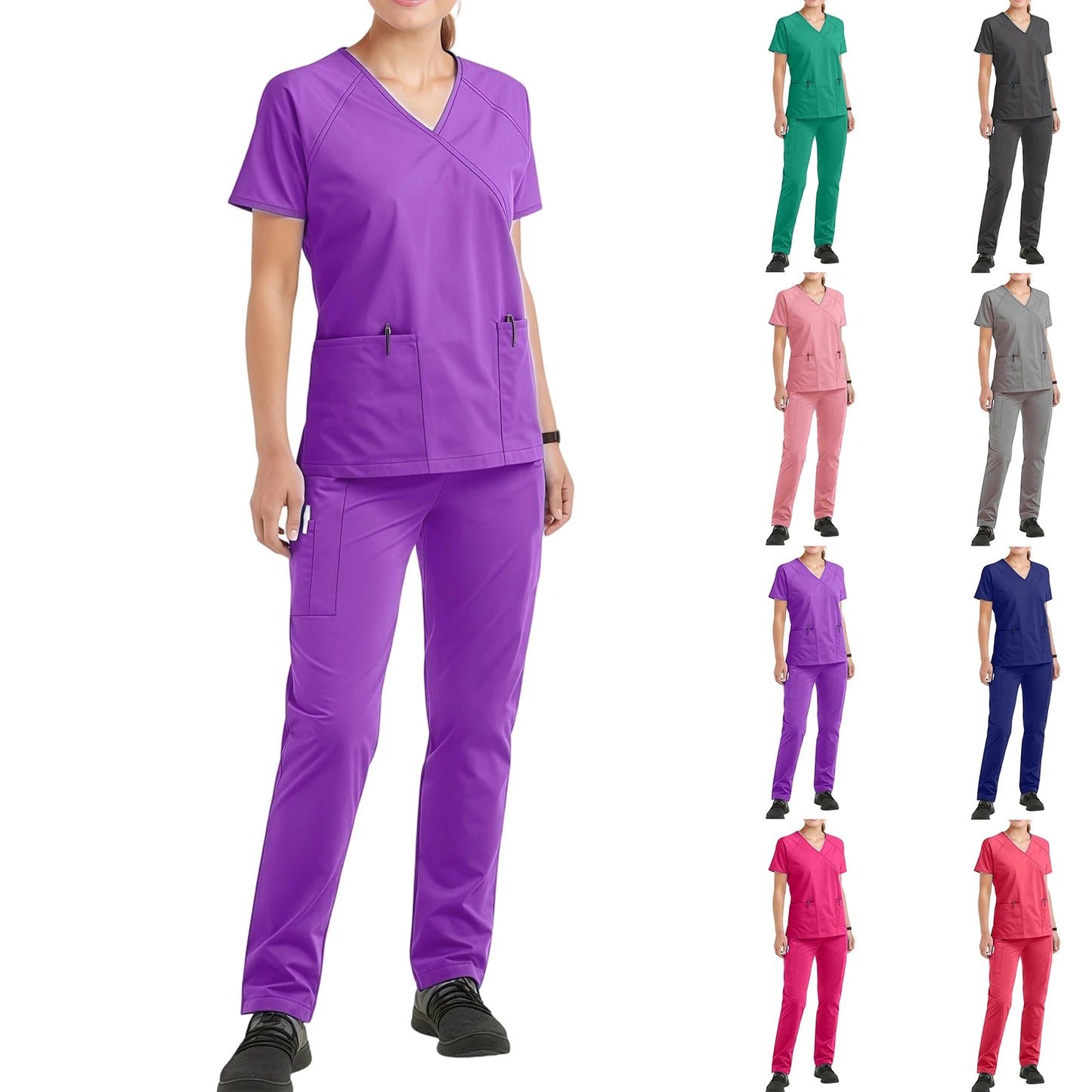 Women's Nurse Scrub Set V-Neck Short Sleeve Multi-Color Zipper Pocket Long Pants Medical Uniform Cozy Professional Workwear