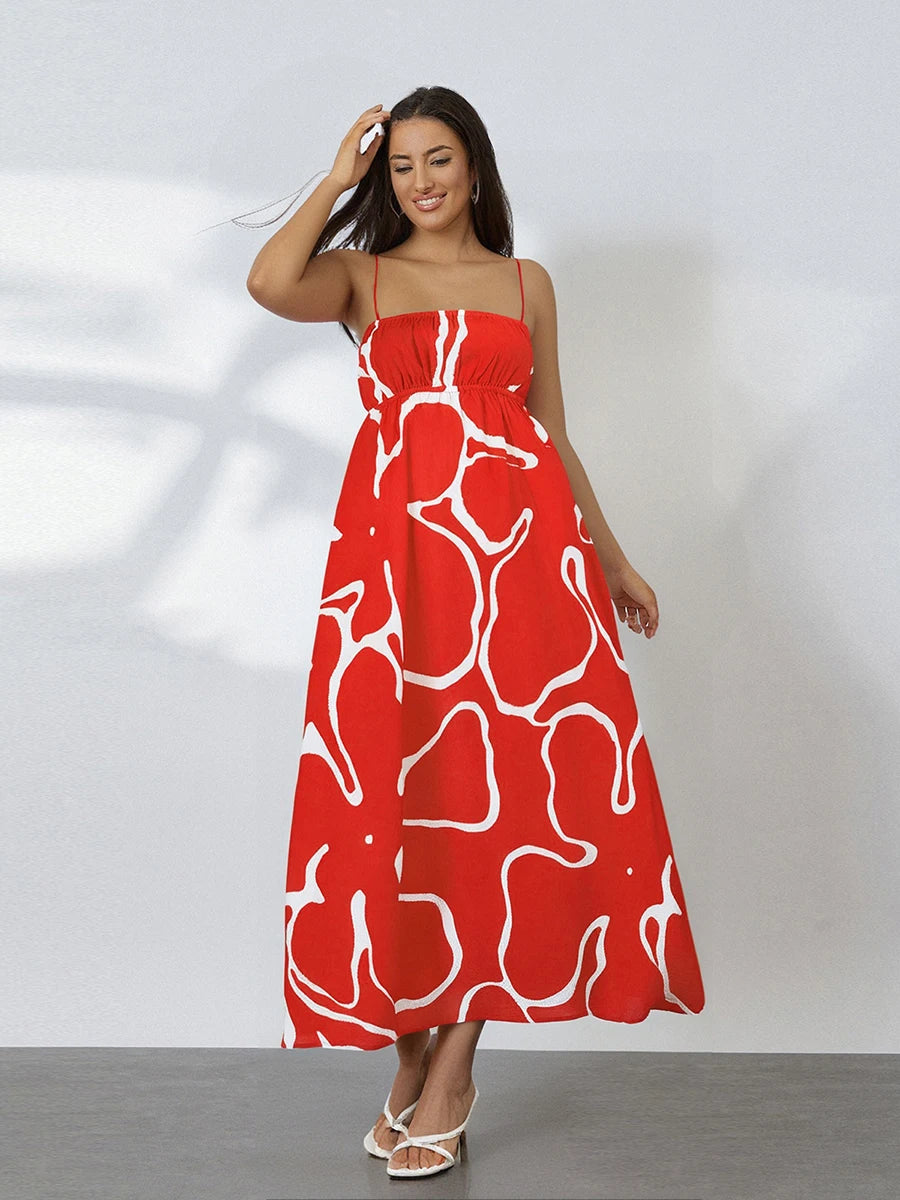 Elegant Floral Print Sleeveless Maxi Dress with Adjustable Spaghetti Straps