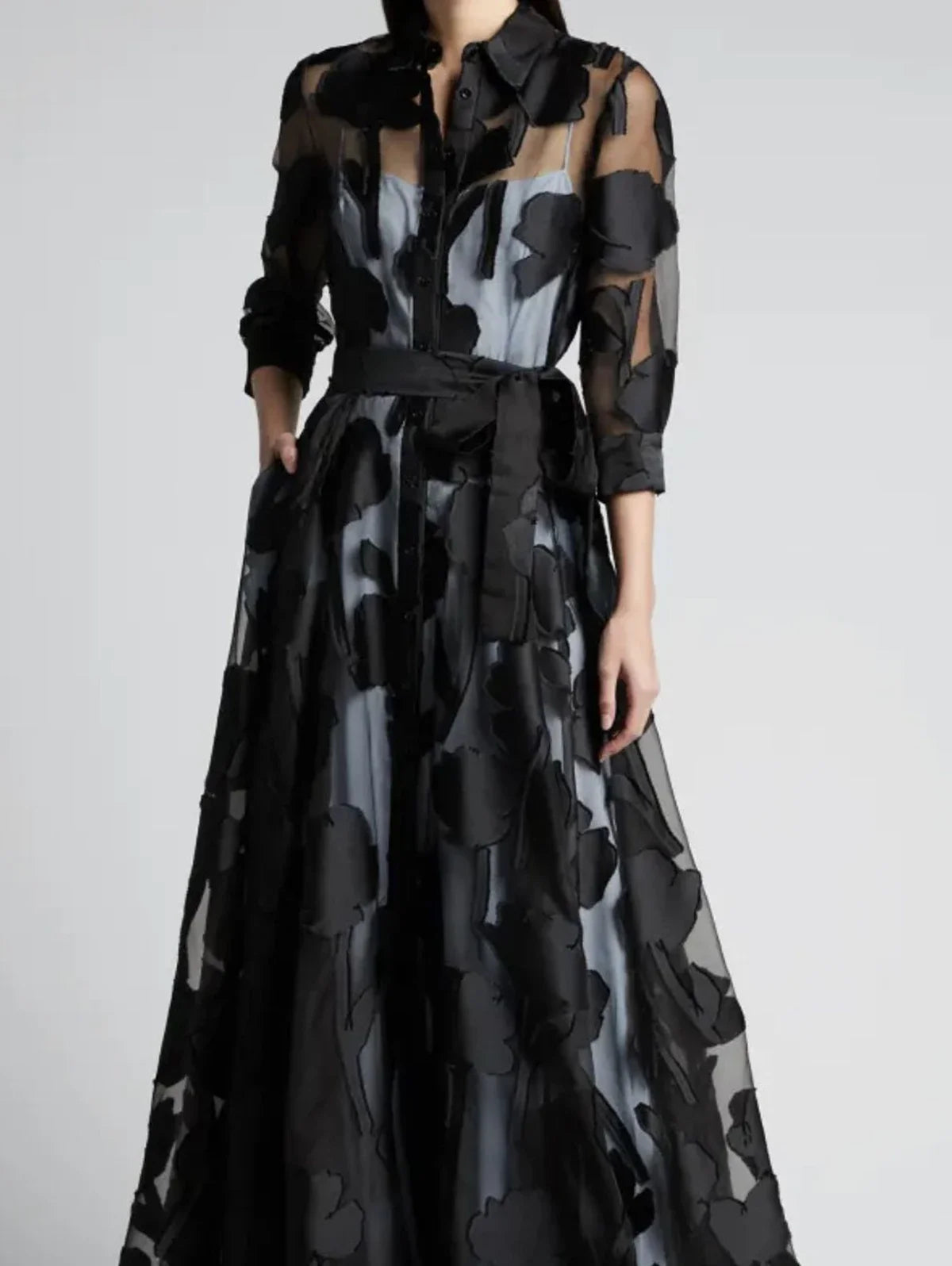 Elegant Three-Quarter Sleeve Knotted Waist Jacquard Mesh Maxi Dress Transparent