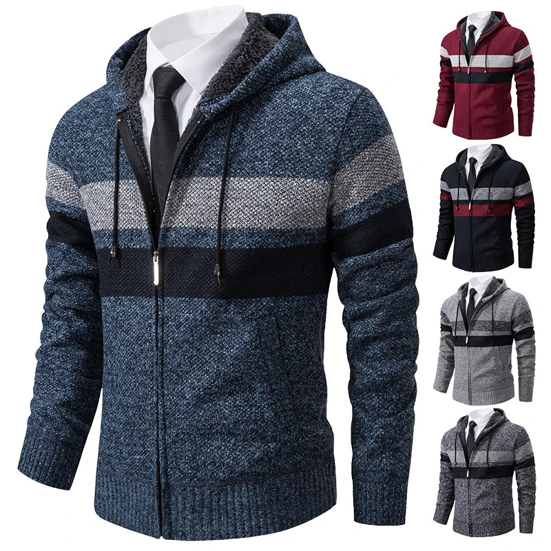 Men's Striped Hooded Cardigan Coat Velvet Padded Knit