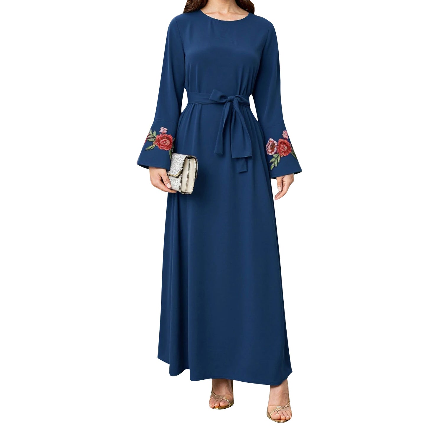 Elegant Floral Patterned Abaya Dress with Belt and Flare Sleeves Round Neck