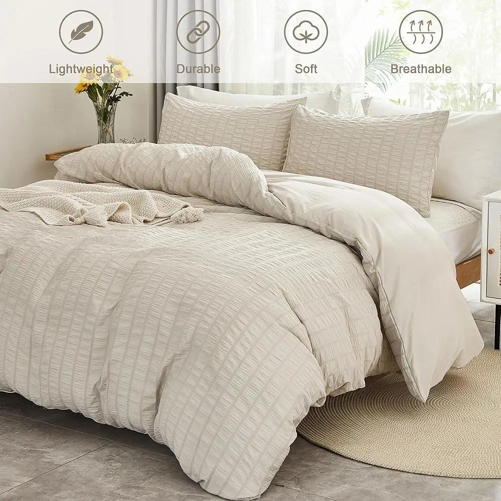 Ultra Soft Seersucker Duvet Cover Set King Size 3 Pieces Wrinkled Microfiber